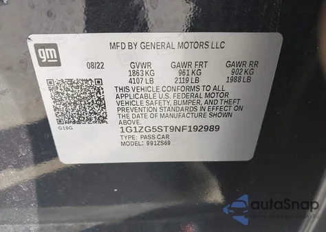 2022 Chevrolet Malibu Fwd Rs z USA, uszkodzony, nr VIN 1G1ZG5ST9NF192989